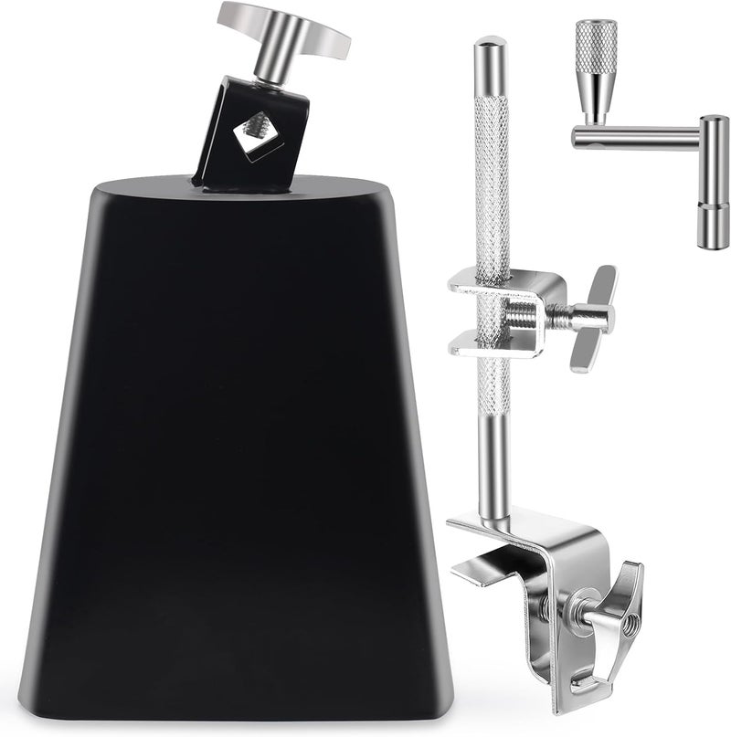 Seteol 6" Cowbell and Cowbell Clamp, Cowbell for Drum Set, Cowbell Holder Percussion Accessory, Adjustable Drum Cowbell Mount for Bass Drum Hoop Up or Down, Cow Bell Musical Instrument with Drum Key - Image 1